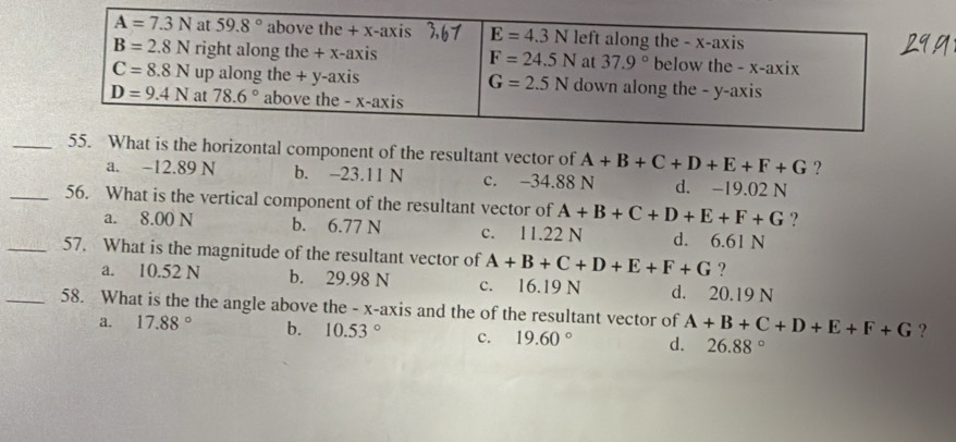 A=7.3N at 59.8° above the + x -axis E=4.3N left along the - x-axis
B=2.8N right along the + x -axis F=24.5N at 37.9° below the - x-axi
C=8.8N up along the + y-axis G=2.5N down along the - y-axis
D=9.4N at 78.6° above the - x-axis
_55. What is the horizontal component of the resultant vector of A+B+C+D+E+F+G ?
a. −12.89 N b. -23.11 N c. -34.88 N d. -19.02 N
_56. What is the vertical component of the resultant vector of A+B+C+D+E+F+G ?
a. 8.00 N b. 6.77 N c. 11.22 N d. 6.61 N
_57. What is the magnitude of the resultant vector of A+B+C+D+E+F+G ?
a. 10.52 N b. 29.98 N c. 16.19 N d. 20.19 N
_58. What is the the angle above the - x-axis and the of the resultant vector of A+B+C+D+E+F+G ?
a. 17.88° b. 10.53° c. 19.60° d. 26.88°