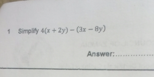 Simplify 4(x+2y)-(3x-8y)
Answer:_