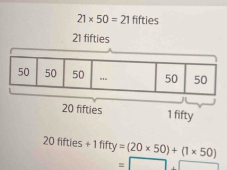 21* 50=21 fifties 
21 fifties
20fifties+1fifty=(20* 50)+(1* 50)
=□ +□