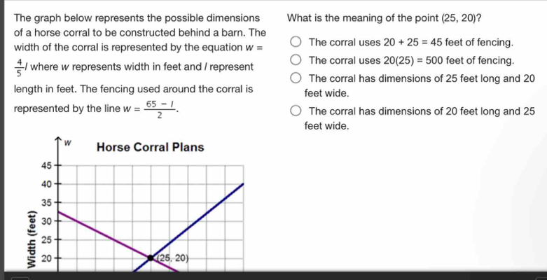 The graph below represents the possible dimensions What is the meaning of the point (25,20) ?
of a horse corral to be constructed behind a barn. The
width of the corral is represented by the equation w= The corral uses 20+25=45 feet of fencing.
 4/5 l where w represents width in feet and / represent The corral uses 20(25)=500 feet of fencing.
The corral has dimensions of 25 feet long and 20
length in feet. The fencing used around the corral is feet wide.
represented by the line w= (65-l)/2 . The corral has dimensions of 20 feet long and 25
feet wide.