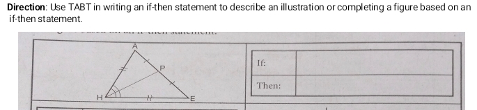 Direction: Use TABT in writing an if-then statement to describe an illustration or completing a figure based on an 
if-then statement.