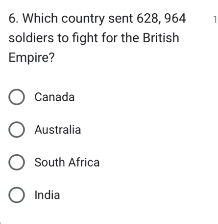 Which country sent 628, 964 1
soldiers to fight for the British
Empire?
Canada
Australia
South Africa
India