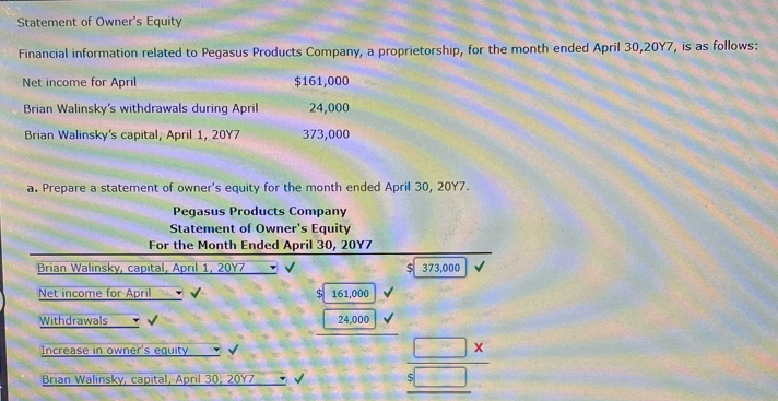 Statement of Owner's Equity 
Financial information related to Pegasus Products Company, a proprietorship, for the month ended April 30, 20Y7, is as follows: 
Net income for April $161,000
Brian Walinsky's withdrawals during April 24,000
Brian Walinsky's capital, April 1, 20Y7 373,000
a. Prepare a statement of owner's equity for the month ended April 30, 20Y7. 
Pegasus Products Company 
Statement of Owner's Equity 
For the Month Ended April 30, 20Y7 
Brian Walinsky, capital, April 1, 20Y7 √ $ 373,000
Net income for April $ 161,000
Withdrawals 24,000
Increase in owner's equity √ 
Brian Walinsky, capital, April 30; 20Y7 _ √ beginarrayr □ x $□  hline endarray