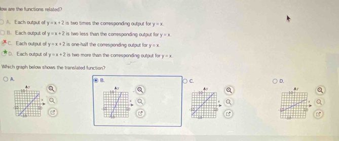 low are the functions related?
A. Each output of y=x+2 is two times the corresponding output for y=x.
B. Each output of y=x+2 is two less than the corresponding output for y=x.
C. Each output of y=x+2 is one-half the corresponding output for y=x
D. Each output of y=x+2 is two more than the corresponding output for y=x
Which graph below shows the translated function?
A.
B.
C.
D.
y
10
y
Ay
19
10
x
x

-10 10 -10 10 50 10
C
-10 G
10