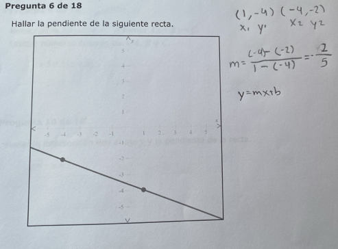 Pregunta 6 de 18 
Hallar la pendiente de la siguiente recta.