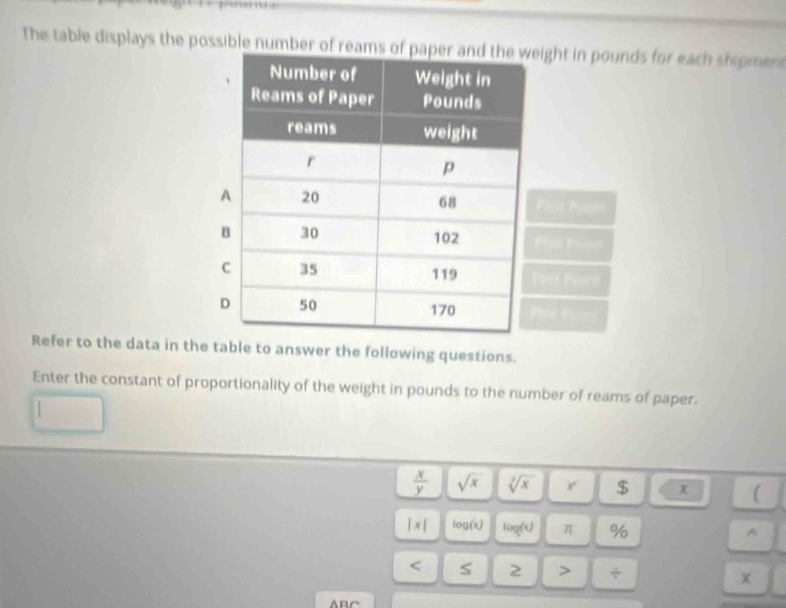 The table displays the possible number of reaight in pounds for each shipment 
lot Paus 
hat P== 
ler Pescn 
Refer to the data in the table to answer the following questions. 
Enter the constant of proportionality of the weight in pounds to the number of reams of paper.
 x/y  sqrt(x) sqrt[3](x) x $ x ( 
|x| lo a(x) log() π % 
^ 
< S 2 > ÷ 
ABC