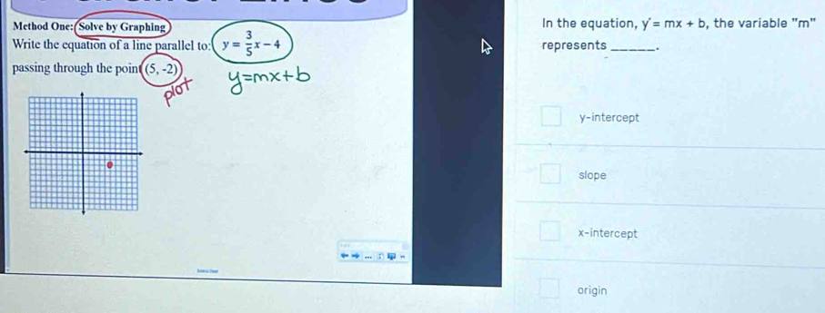 Method One:(Solve by Graphing In the equation, y'=mx+b , the variable "m"
Write the equation of a line parallel to: y= 3/5 x-4 represents_ .
passing through the poin (5,-2)
y-intercept
slope
x-intercept
origin