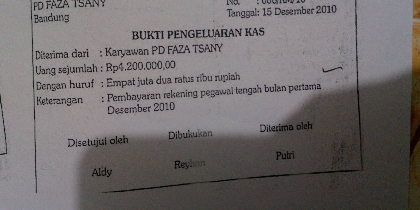 PD FAZA TSANY N6. ; 000/N
Bandung 
Tanggal: 15 Desember 2010
BUKTI PENGELUARAN KAS 
Diterima dari : Karyawan PD FAZA TSANY 
Uang sejumlah : Rp4.200.000,00
Dengan huruf : Empat juta dua ratus ribu rupiah 
Keterangan : Pembayaran rekening pegawai tengah bulan pertama 
Desember 2010
Disetujui oleh Dibukukan Diterima oleh 
Putri 
Reyhan 
Aldy