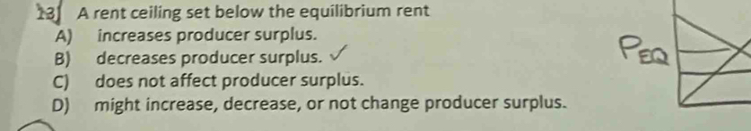 A rent ceiling set below the equilibrium rent
A) increases producer surplus.
B) decreases producer surplus.
C) does not affect producer surplus.
D) might increase, decrease, or not change producer surplus.