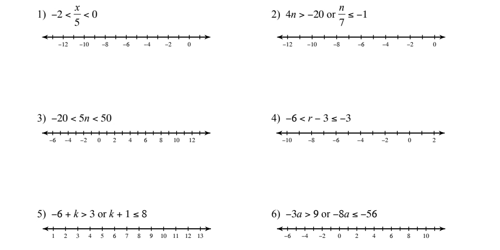 -2 <0</tex>  n/7 ≤ -1
2) 4n>-20 or 

3) -20<5n<50 4) -6

5) -6+k>3 or k+1≤ 8 6) -3a>9 or -8a≤ -56