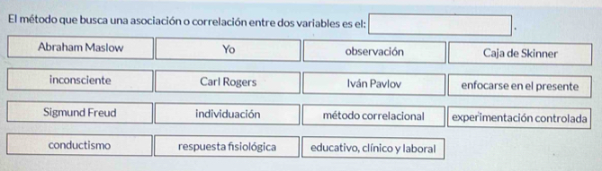 El método que busca una asociación o correlación entre dos variables es el: □
Abraham Maslow Yo observación Caja de Skinner
inconsciente Carl Rogers Iván Pavlov enfocarse en el presente
Sigmund Freud individuación método correlacional experimentación controlada
conductismo respuesta fsiológica educativo, clínico y laboral