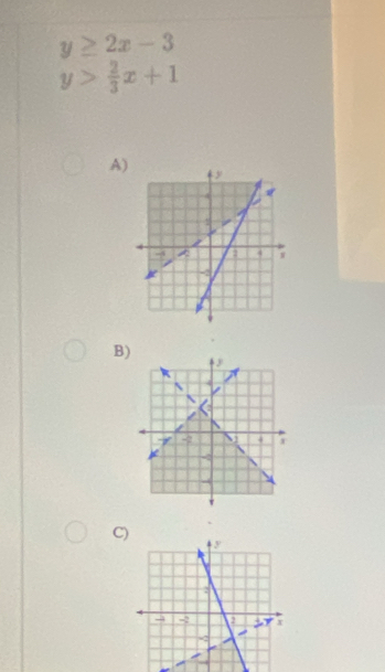 y≥ 2x-3
y> 2/3 x+1
A
B
C)