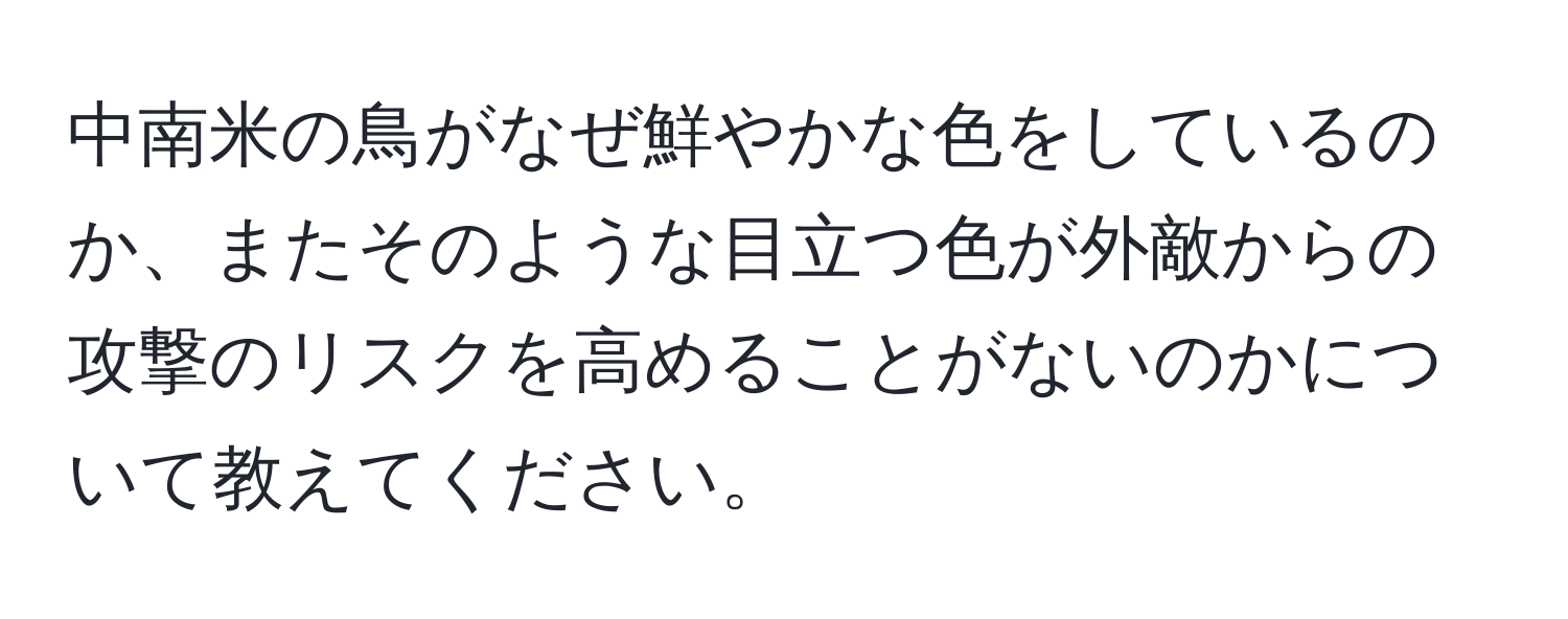 中南米の鳥がなぜ鮮やかな色をしているのか、またそのような目立つ色が外敵からの攻撃のリスクを高めることがないのかについて教えてください。