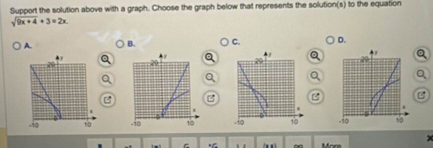 Support the solution above with a graph. Choose the graph below that represents the solution(s) to the equation
sqrt(9x+4)+3=2x.
A.
B.
C.
D.
a

z
B

C (n n ) More