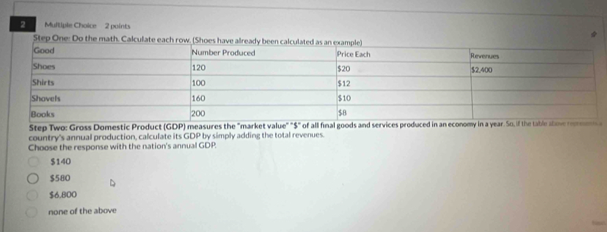 Step One: Do the math. Calculate each row. (Shoes have already b
Step Two: Gross Domestic Product (GDP) measures the "market value" "$" of all final goods and services produced in an economy in a year. So, if th
country's annual production, calculate its GDP by simply adding the total revenues.
Choose the response with the nation's annual GDP.
$140
$580
$6,800
none of the above