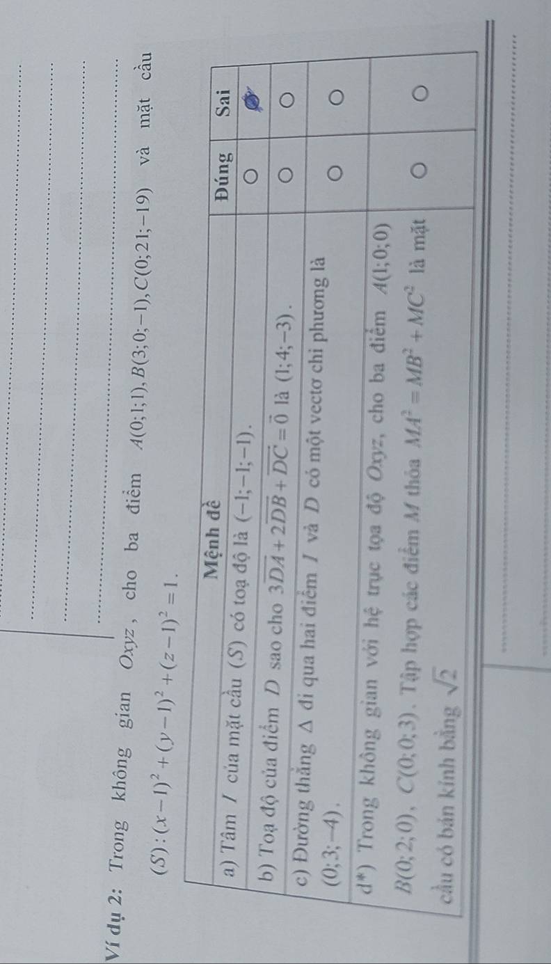 Ví dụ 2: Trong không gian Oxyz , cho ba điểm A(0;1;1),B(3;0;-1),C(0;21;-19) và mặt cầu
(S): (x-1)^2+(y-1)^2+(z-1)^2=1.
_
__
_
_