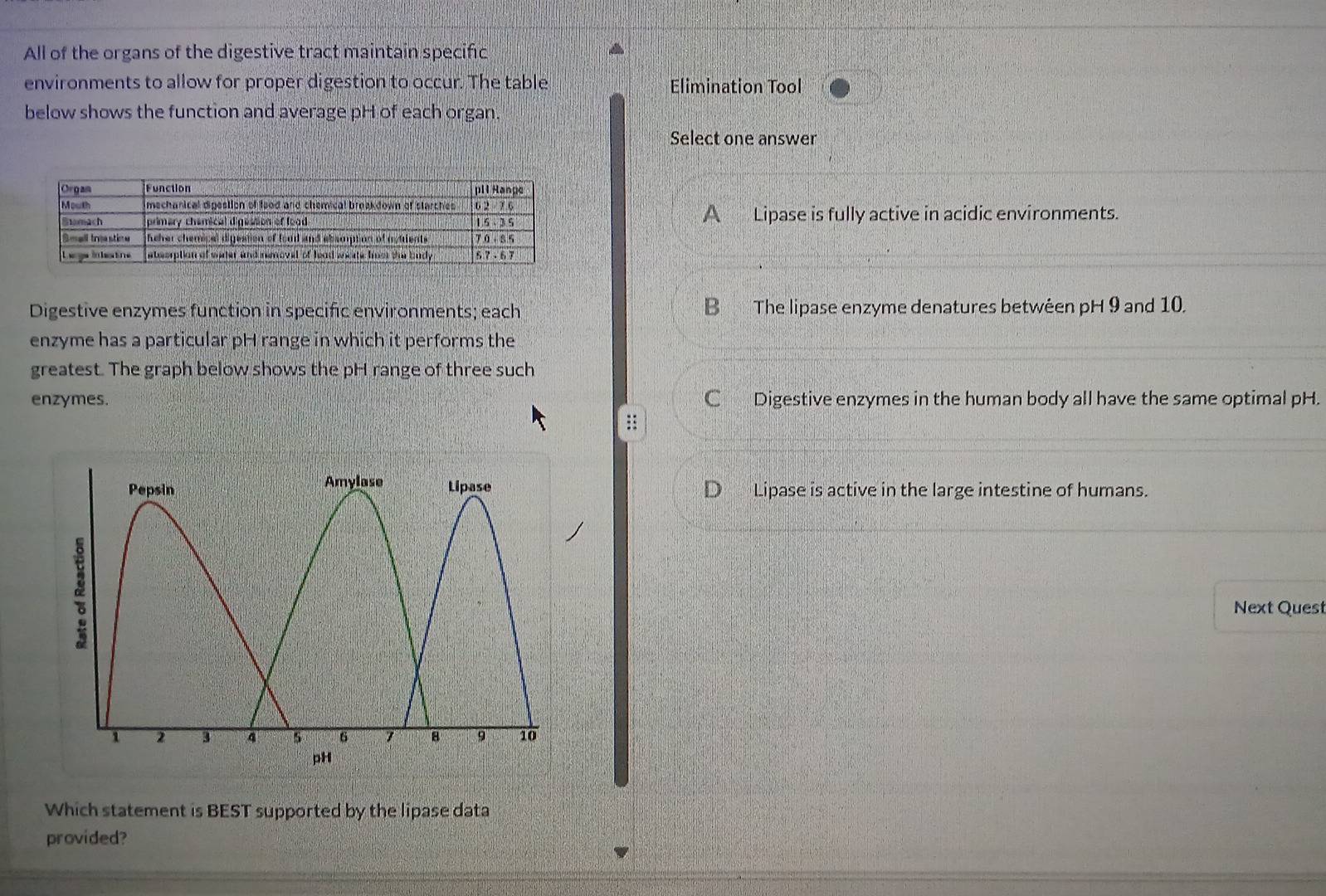 All of the organs of the digestive tract maintain specific
environments to allow for proper digestion to occur. The table Elimination Tool
below shows the function and average pH of each organ.
Select one answer
A Lipase is fully active in acidic environments.
Digestive enzymes function in specific environments; each B The lipase enzyme denatures betwéen pH 9 and 10.
enzyme has a particular pH range in which it performs the
greatest. The graph below shows the pH range of three such
enzymes. C Digestive enzymes in the human body all have the same optimal pH.
::
D Lipase is active in the large intestine of humans.
Next Quest
Which statement is BEST supported by the lipase data
provided?