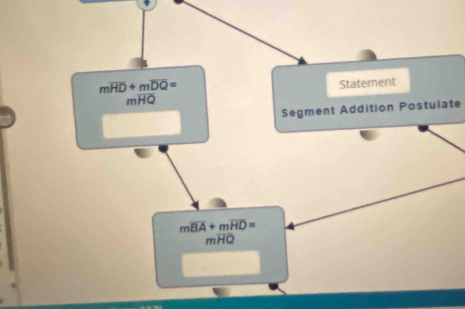 moverline HD+moverline DQ=
Statement
moverline HQ
Segment Addition Postulate
moverline BA+moverline HD=
moverline HQ