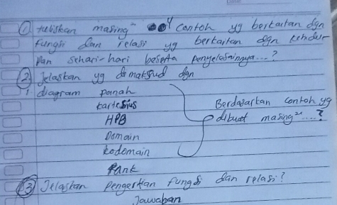 telistan masing contoh up bertatan ogn
funghi Can relass yg berkairan ogn kendur
pan Schari-hari besera pengelesingya. . . ?
② Jelastan yg do makgud oign
I diagram panah
tartesius Berdagartan conroh yg
HB dibuat masing ". . ?
Domain
kodomain
Rank
③ Jlaskan Pengertian fungsi dan relass?
Jawaborn