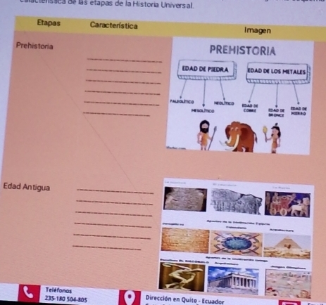 lenstca de las etapas de la Historia Universal. 
Etapas Característica Imagen 
_ 
Prehistoria 
_ 
_ 
_ 
_ 
_ 
Edad Antigua_ 
_ 
_ 
_ 
_ 
_ 
Teléfonos
235-180 504 -805 Dirección en Quito - Ecuador