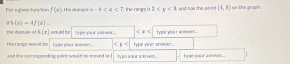 For a given function f(x) , the domain is -4 , the range is 2 , and has the point (4,8) on the graph. 
If h(x)=4f(x)-
the domain of h(x) would be type your answer... type your answer... 
the range would be type your answer... type your answer... 
and the corresponding point would be moved to ( type your answer... . type your answer...