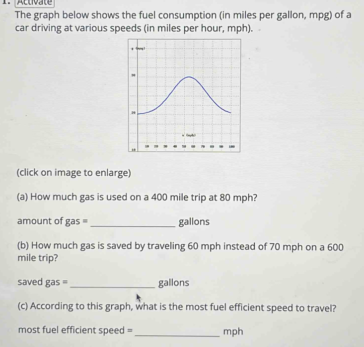 Activate 
The graph below shows the fuel consumption (in miles per gallon, mpg) of a 
car driving at various speeds (in miles per hour, mph). 
(click on image to enlarge) 
(a) How much gas is used on a 400 mile trip at 80 mph?
amount of gas = _ gallons
(b) How much gas is saved by traveling 60 mph instead of 70 mph on a 600
mile trip? 
saved gas = _ gallons
(c) According to this graph, what is the most fuel efficient speed to travel? 
most fuel efficient speed = _ mph