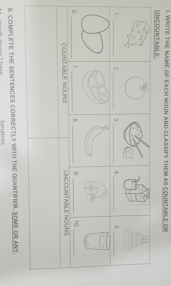 WRITE THE NAME OF EACH NOUN AND CLASSIFY THEM AS COUNTABLE OR 
UNCOUNTABLE. 
1、_ 
2._ 
4._ 
5._ 
_ 
9. 
__10._ 
COUNTABLE NOUNS UNCOUNTABLE NOUNS 
II. COMPLETE THE SENTENCES CORRECTLY WITH THE QUANTIFIER, SOME OR ANY. 
tomatoes