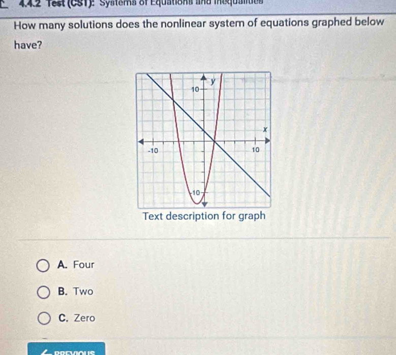 Test (CST): Systers of Equations and mequalides
How many solutions does the nonlinear system of equations graphed below
have?
A. Four
B. Two
C. Zero
DREVIALS