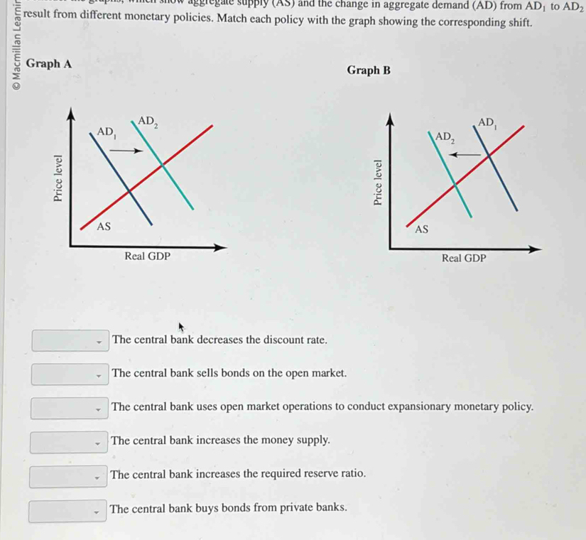 aggregate supply (AS) and the change in aggregate demand (AD) from AD_1 to AD_2
: result from different monetary policies. Match each policy with the graph showing the corresponding shift.
5 Graph A Graph B

The central bank decreases the discount rate.
The central bank sells bonds on the open market.
The central bank uses open market operations to conduct expansionary monetary policy.
The central bank increases the money supply.
The central bank increases the required reserve ratio.
The central bank buys bonds from private banks.