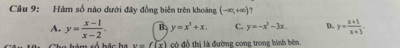 Hàm số nào dưới đây đồng biến trên khoảng (-∈fty ,+∈fty ) ?
A. y= (x-1)/x-2 . B. y=x^3+x. C. y=-x^3-3x. D. y= (x+1)/x+3 . 
a hàm số hậc ha y=f(x) có đồ thị là đường cong trong hình bên.