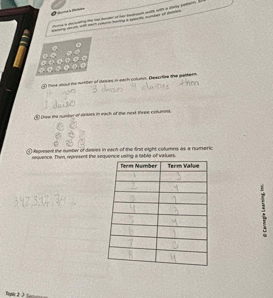Donna's Daísies 
Donna is decorating the top border of her bedroom walls with a daisy pattern. Sh 
eppying decals, with each column having a specific number of daisies 
a 
Think about the number of daisies in each column. Describe the pattern. 
Draw the number of daisies in each of the next three columns. 
Represent the number of daisies in each of the first eight columns as a numeric 
sequence. Then, represent the sequence using a table of values. 
Topic 2 > Secutnc