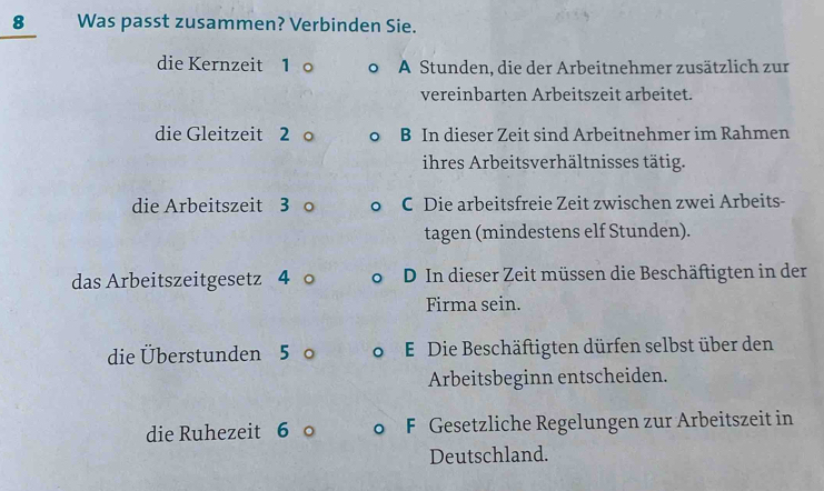 Was passt zusammen? Verbinden Sie.
die Kernzeit 1 ○ A Stunden, die der Arbeitnehmer zusätzlich zur
vereinbarten Arbeitszeit arbeitet.
die Gleitzeit 2 ○ B In dieser Zeit sind Arbeitnehmer im Rahmen
ihres Arbeitsverhältnisses tätig.
die Arbeitszeit 3 ○ 。 C Die arbeitsfreie Zeit zwischen zwei Arbeits-
tagen (mindestens elf Stunden).
das Arbeitszeitgesetz 4 ○ 。 D In dieser Zeit müssen die Beschäftigten in der
Firma sein.
die Überstunden 5 ○ o E Die Beschäftigten dürfen selbst über den
Arbeitsbeginn entscheiden.
die Ruhezeit 6 ○ 。 F Gesetzliche Regelungen zur Arbeitszeit in
Deutschland.