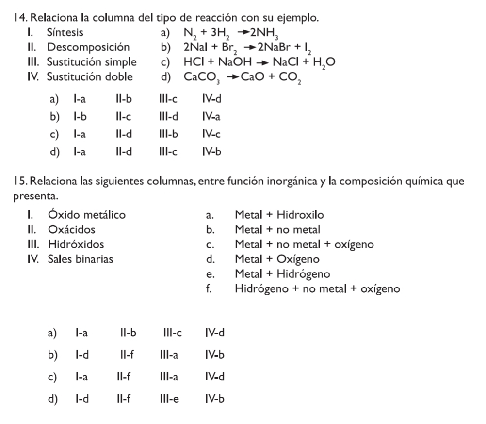 Relaciona la columna del tipo de reacción con su ejemplo.
I. Síntesis a) N_2+3H_2to 2NH_3
II. Descomposición b) 2NaI+Br_2to 2NaBr+I_2
III. Sustitución simple c) HCl+NaOHto NaCl+H_2O
IV. Sustitución doble d) CaCO_3to CaO+CO_2

a) l-a Il-b ⅢI-c IV-d 1v
b) I-b II-c III-d IV-a
c) l-a ll-d III-b IV-c
d) l-a ll-d ⅢII-c IV-b
15. Relaciona las siguientes columnas, entre función inorgánica y la composición química que
presenta.
1. Óxido metálico a. Metal + Hidroxilo
II. Oxácidos b. Metal + no metal
III. Hidróxidos c. Metal + no metal + oxígeno
IV. Sales binarias d. Metal + Oxígeno
e. Metal + Hidrógeno
f. Hidrógeno + no metal + oxígeno
a) l-a II-b Ⅲ-c IV-d
b) I-d II-f IIl-a IV-b
c) l-a II-f IIl-a IV-d
d) l-d II-f Ill-e IV-b