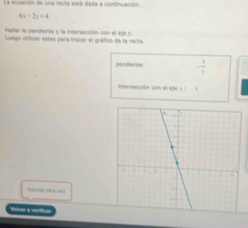 La ecuación de una recta está dada a continuación.
6v-2y=4
Hallar la pendiente y la intersección con el eje y. 
Luego utilizar estas para trazar el gráfico de la recta. 
pendiente:
- 3/1 
intersección con el eje y : 
Intente otrã vez 
Volver a verificar