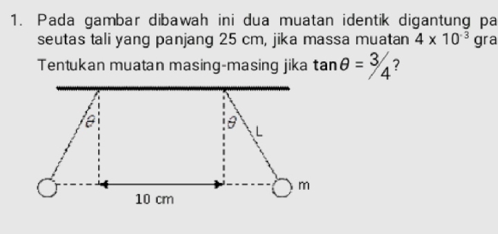 Pada gambar dibawah ini dua muatan identik digantung pa 
seutas tali yang panjang 25 cm, jika massa muatan 4* 10^(-3) gra 
Tentukan muatan masing-masing jika tan θ =3/4 ?