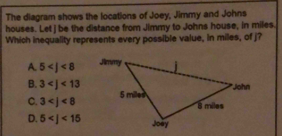 The diagram shows the locations of Joey, Jimmy and Johns
houses. Let j be the distance from Jimmy to Johns house, in miles.
Which inequality represents every possible value, in miles, of j?
A. 5
B. 3
C. 3
D. 5