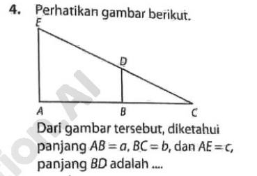 Perhatikan gambar berikut. 
Dari gambar tersebut, diketahui 
panjang AB=a, BC=b , dan AE=c, 
panjang BD adalah ....