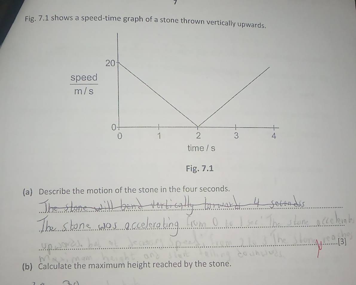 Fig. 7.1 shows a speed-time graph of a stone thrown vertically upwards.
 speed/m/s 
time / s 
Fig. 7.1 
(a) Describe the motion of the stone in the four seconds. 
_ 
_ 
_.[3] 
(b) Calculate the maximum height reached by the stone.