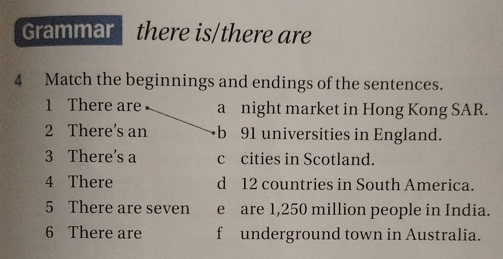 Grammar 1 there is/there are 
4 Match the beginnings and endings of the sentences. 
1 There are a night market in Hong Kong SAR. 
2 There's an b 91 universities in England. 
3 There's a c cities in Scotland. 
4 There d 12 countries in South America. 
5 There are seven e are 1,250 million people in India. 
6 There are f underground town in Australia.