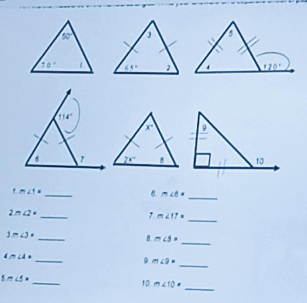 m∠ 1=
_
6. m∠ 6= _
2m∠ 2= _
7 m∠ 17= _
_
_
3m∠ 3=
B. m∠ 3=
_
∠ M∠ A=
_
9 m∠ 9=
_
5m∠ 5=
_
10. m∠ 10·