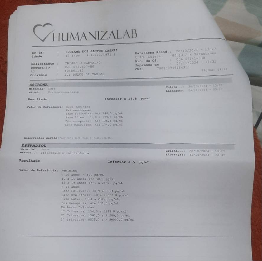 HUMANIZALAB
Sr (a) LUCIANA DOS SANTOS CASAES
Idade 49 anos ( 19/03/1975 ) Data/Hora Atend. : 28/10/2024 - 13:2
2
Unid, Coleta:
Solicitante THIAGO M CARVALHO Nro. da OS. [005]U P H Saracuruna
Documento 041.575. 627-8 Impresso em ： 006-67141-630 07/11/2024 - 14:31
RG 104 851142 CNS : 700100949184318
Página: 14/16
Convênio : sus duque de caxias
ESTRONA
Material: Soro Colata 28/10/2024 - 13:27
Mé todo Ensimalmuncensaso Liberação: 04/11/ 2024 0.9=17
Resultado Inferior a 14,8 pg/mL
Valor de Referência: Sexo feminino
Pre menopausa:
Ease folicular: Até 148,5 pg/mL
Fase Lútea: 31,8 a 199,8 pg/mL
Ps menopausa: Até 125,1 pg/mL
Sexo masculino: Ate 174,0 pg/mL
Observações geraia:Ampetido e confirmada ds nera snostra
ESTRADIOL
Material: Soro Coleta.. 28/10/2024 - 13:27
Metodo..: Eletroquimioluminescência Liberação: 31/10/2024 - 22:42
Resultado: Inferior a 5 pg/mL
Valor de Referência: Feminino
< 10 anos: < 5,0 pg/mL
10 a 14 anos: atè 68,1 pq/mL
14 a 19 anos: 14,6 a 249,0 pg/mL
> 19 anos:
Fase Folícular: 30,9 a 90,4 pg/mL
Fase Ovulatória: 60,4 a 533,0 pg/mL
Fase Lutea: 60,4 a 232,0 pg/mL
Pós-menopausa: até 138,0 pg/mL
Mulheres Grávidas
1° Trimestre: 154,0 a 3243,0 pg/mL
2° Trimestre: 1561,0 a 21280,0 pg/mL
3° Trimestre: 8525,0 a > 30000,0 pq/mL