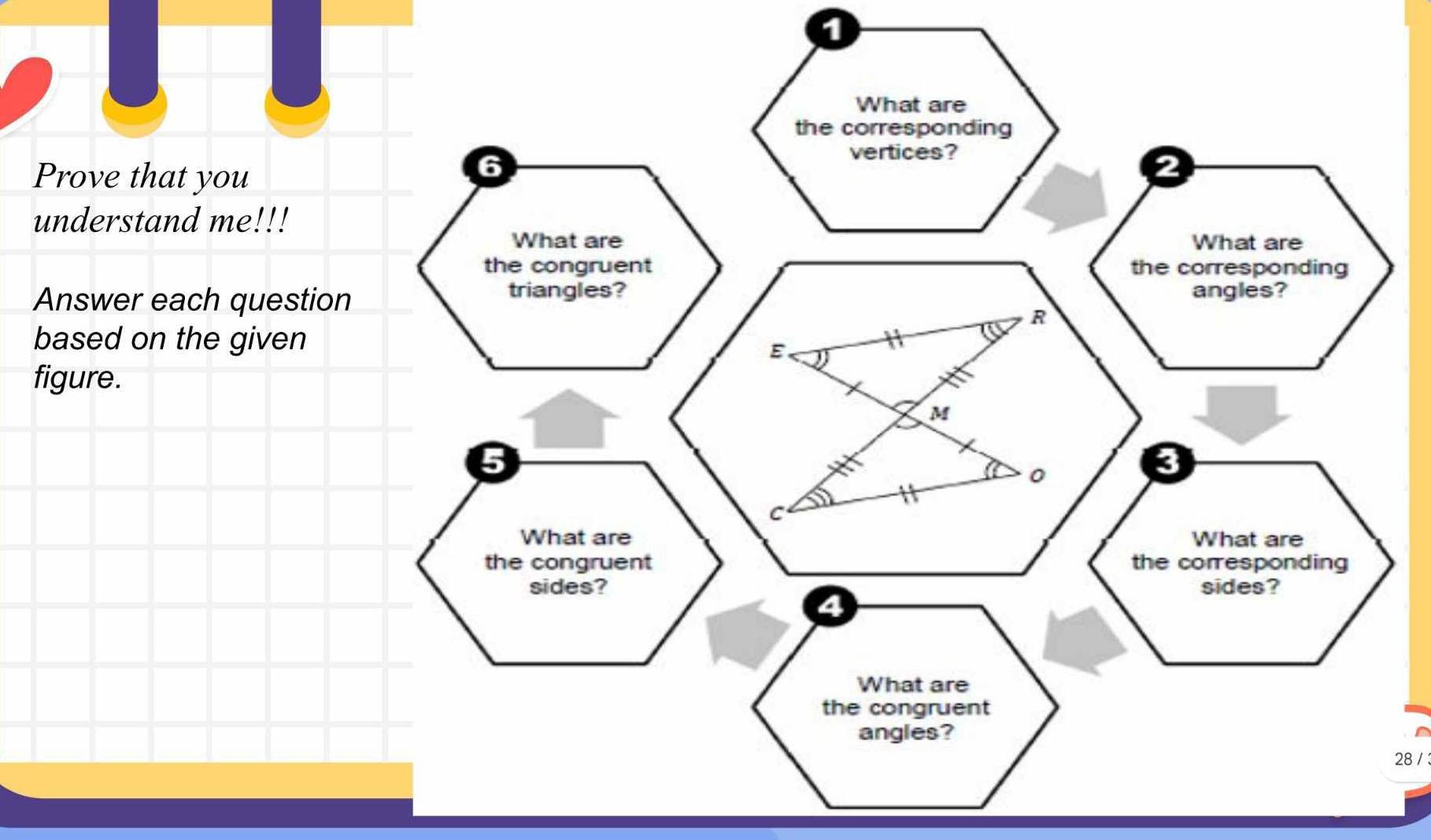 Prove that you 
6 
understand me!!! 
What are 
the congruent 
Answer each question 
triangles? 
R 
based on the given 
E 
figure.
M
5
0
3
C
What are What are 
the congruent the corresponding 
sides? sides? 
4 
What are 
the congruent 
angles? 
28 /