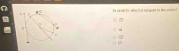 In circle D. which is tangent to the circle?
vector OA
vector AB
overline CD
overline EF