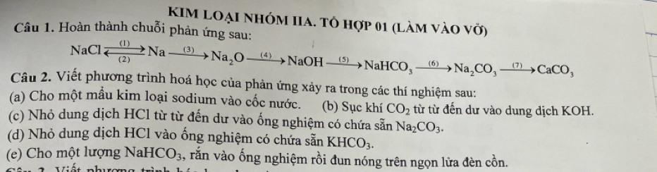 kIM loẠi nhóm IIa. Tô hợp 01 (làm vào vớ) 
Câu 1. Hoàn thành chuỗi phản ứng sau:
NaClxrightarrow (1)Naxrightarrow (3)Na_2Oxrightarrow (4)NaOHxrightarrow (5)NaHCO_3to NaHCO_3to Na_2CO_3to CaCO_3
Câu 2. Viết phương trình hoá học của phản ứng xảy ra trong các thí nghiệm sau: 
(a) Cho một mầu kim loại sodium vào cốc nước. (b) Sục khí CO_2 từ từ đến dư vào dung dịch KOH. 
(c) Nhỏ dung dịch HCl từ từ đến dư vào ống nghiệm có chứa sẵn Na_2CO_3. 
(d) Nhỏ dung dịch HCl vào ống nghiệm có chứa sẵn KHCO_3. 
(e) Cho một lượng N aHCO_3 , rắn vào ống nghiệm rồi đun nóng trên ngọn lửa đèn chat O n