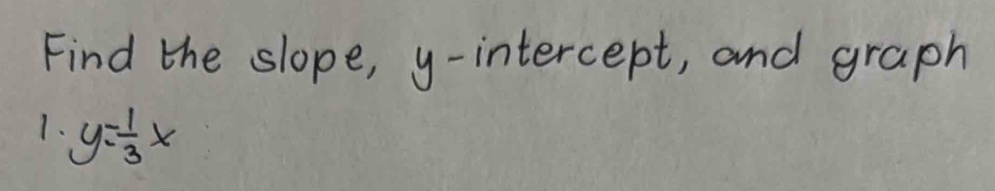 Find the slope, y-intercept, and graph 
1. y= 1/3 x