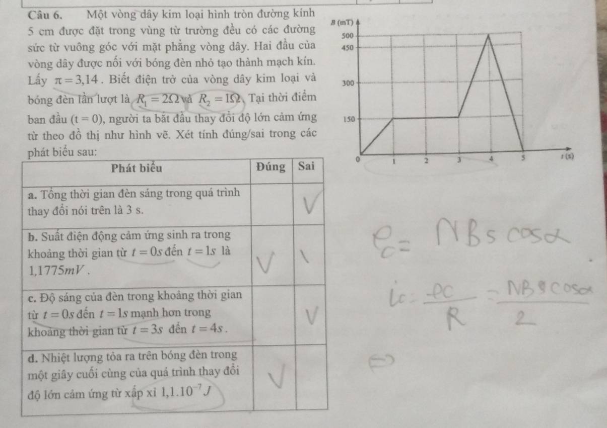 Một vòng dây kim loại hình tròn đường kính
5 cm được đặt trong vùng từ trường đều có các đường
sức từ vuông góc với mặt phẳng vòng dây. Hai đầu của
vòng dây được nối với bóng đèn nhỏ tạo thành mạch kín.
Lấy π =3,14. Biết điện trở của vòng dây kim loại và
bóng đèn lần lượt là R_1=2Omega vd R_2=1Omega Tại thời điểm
ban đầu (t=0) 0, người ta bắt đầu thay đổi độ lớn cảm ứng
từ theo đồ thị như hình vẽ. Xét tính đúng/sai trong các