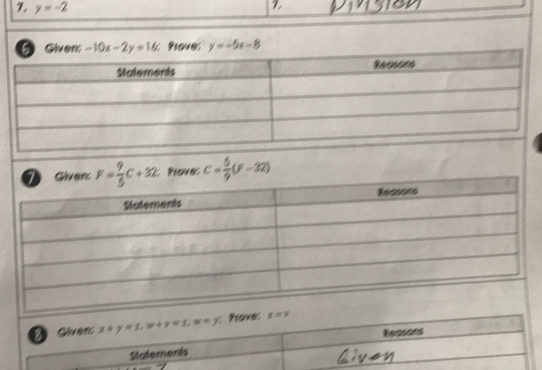 y=-2
1
Proves y=-5x-8
Prove C= 5/9 (F-32)