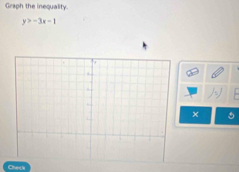 Graph the inequality.
y>-3x-1
× 
Check