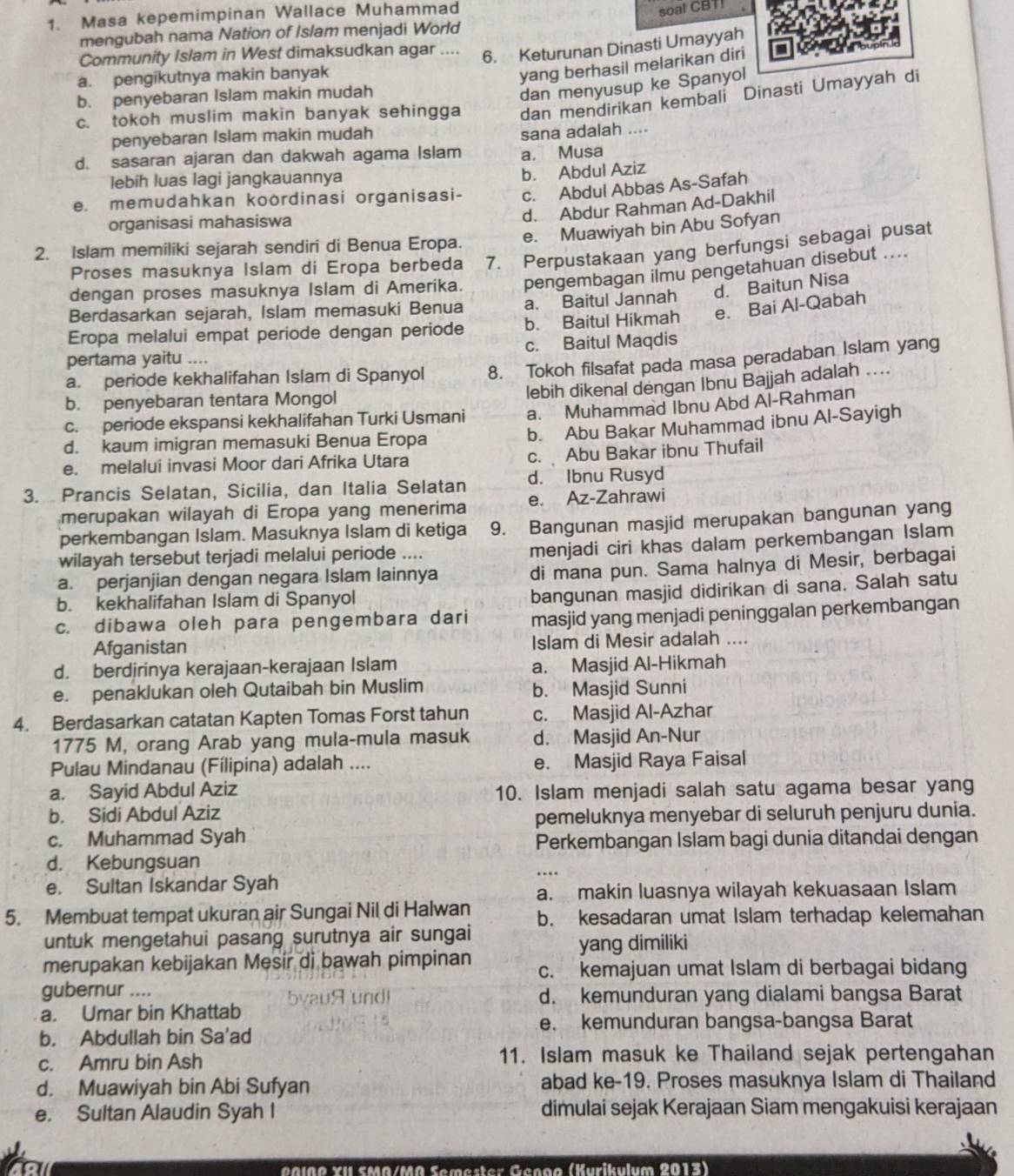 Masa kepemimpinan Wallace Muhammad
soal CBT!
mengubah nama Nation of Islam menjadi World
Community Islam in West dimaksudkan agar .... 6. Keturunan Dinasti Umayyah
a. pengikutnya makin banyak
yang berhasil melarikan diri
b. penyebaran Islam makin mudah
dan menyusup ke Spanyol
c. tokoh muslim makin banyak sehingga dan mendirikan kembali Dinasti Umayyah di
penyebaran Islam makin mudah
sana adalah ....
d. sasaran ajaran dan dakwah agama Islam a. Musa
lebih luas lagi jangkauannya
b. Abdul Aziz
e. memudahkan koordinasi organisasi- c. Abdul Abbas As-Safah
d. Abdur Rahman Ad-Dakhil
organisasi mahasiswa
e. Muawiyah bin Abu Sofyan
2. Islam memiliki sejarah sendiri di Benua Eropa.
Proses masuknya Islam di Eropa berbeda 7. Perpustakaan yang berfungsi sebagai pusat
dengan proses masuknya Islam di Amerika. pengembagan ilmu pengetahuan disebut ....
Berdasarkan sejarah, Islam memasuki Benua a. Baitul Jannah d. Baitun Nisa
Eropa melalui empat periode dengan periode b. Baitul Hikmah e. Bai Al-Qabah
pertama yaitu .... c. Baitul Maqdis
a. periode kekhalifahan Islam di Spanyol 8. Tokoh filsafat pada masa peradaban Islam yang
c. periode ekspansi kekhalifahan Turki Usmani lebih dikenal dengan Ibnu Bajjah adalah ....
b. penyebaran tentara Mongol
a. Muhammad Ibnu Abd Al-Rahman
d. kaum imigran memasuki Benua Eropa
b. Abu Bakar Muhammad ibnu Al-Sayigh
e. melalui invasi Moor dari Afrika Utara c. Abu Bakar ibnu Thufail
3. Prancis Selatan, Sicilia, dan Italia Selatan d. Ibnu Rusyd
merupakan wilayah di Eropa yang menerima e. Az-Zahrawi
perkembangan Islam. Masuknya Islam di ketiga 9. Bangunan masjid merupakan bangunan yang
wilayah tersebut terjadi melalui periode ....
menjadi ciri khas dalam perkembangan Islam
a. perjanjian dengan negara Islam lainnya
di mana pun. Sama halnya di Mesir, berbagai
b. kekhalifahan Islam di Spanyol
bangunan masjid didirikan di sana. Salah satu
c. dibawa oleh para pengembara dari masjid yang menjadi peninggalan perkembangan
Afganistan Islam di Mesir adalah ....
d. berdirinya kerajaan-kerajaan Islam a. Masjid Al-Hikmah
e. penaklukan oleh Qutaibah bin Muslim b. Masjid Sunni
4. Berdasarkan catatan Kapten Tomas Forst tahun c. Masjid Al-Azhar
1775 M, orang Arab yang mula-mula masuk d. Masjid An-Nur
Pulau Mindanau (Fílipina) adalah .... e. Masjid Raya Faisal
a. Sayid Abdul Aziz 10. Islam menjadi salah satu agama besar yang
b. Sidi Abdul Aziz
pemeluknya menyebar di seluruh penjuru dunia.
c. Muhammad Syah
Perkembangan Islam bagi dunia ditandai dengan
d. Kebungsuan
e. Sultan Iskandar Syah
a. makin luasnya wilayah kekuasaan Islam
5. Membuat tempat ukuran air Sungai Nil di Halwan b. kesadaran umat Islam terhadap kelemahan
untuk mengetahui pasang surutnya air sungai
yang dimiliki
merupakan kebijakan Mesir di bawah pimpinan c. kemajuan umat Islam di berbagai bidang
gubernur ....
a. Umar bin Khattab byau9 undl
d. kemunduran yang dialami bangsa Barat
e. kemunduran bangsa-bangsa Barat
b. Abdullah bin Sa'ad
c. Amru bin Ash 11. Islam masuk ke Thailand sejak pertengahan
d. Muawiyah bin Abi Sufyan abad ke-19. Proses masuknya Islam di Thailand
e. Sultan Alaudin Syah I dimulai sejak Kerajaan Siam mengakuisi kerajaan
er   n o ( K u rik ul um 2013 )