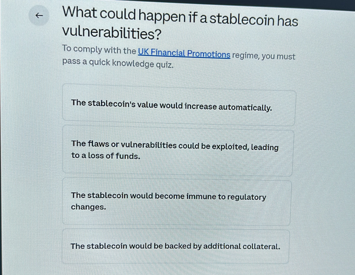 Solved: What could happen if a stablecoin has vulnerabilities? To comply  with the UK Financial Pro [Business]